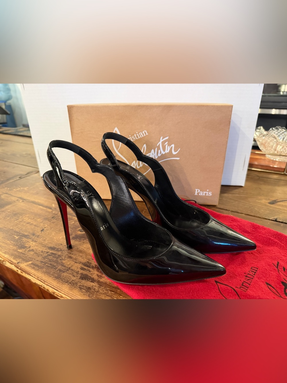 Christian Louboutin Black Patent Slingback Pumps with Red Soles 100